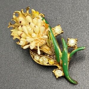 Vintage FLORENZA Rhinestone Brooch With Paper Buds Enamel Marked